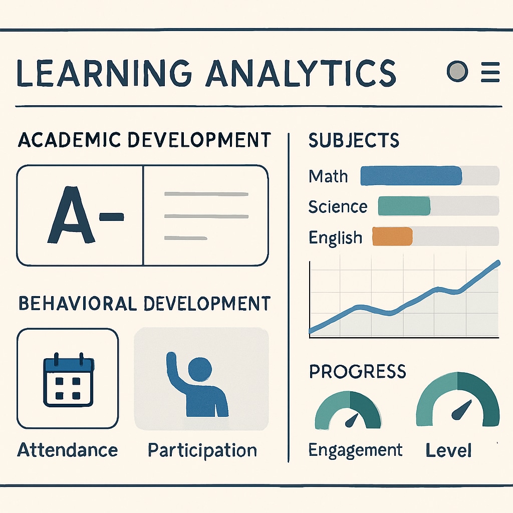 A digital dashboard displaying real-time analytics of a student's learning progress, with metrics for academic and behavioral development. Real-time learning tracking dashboard showcasing student progress analytics.