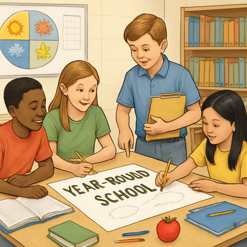 A classroom with students engaging in a group activity, illustrating the concept of year-round schooling. Students participating in group learning as part of a year-round schooling model.