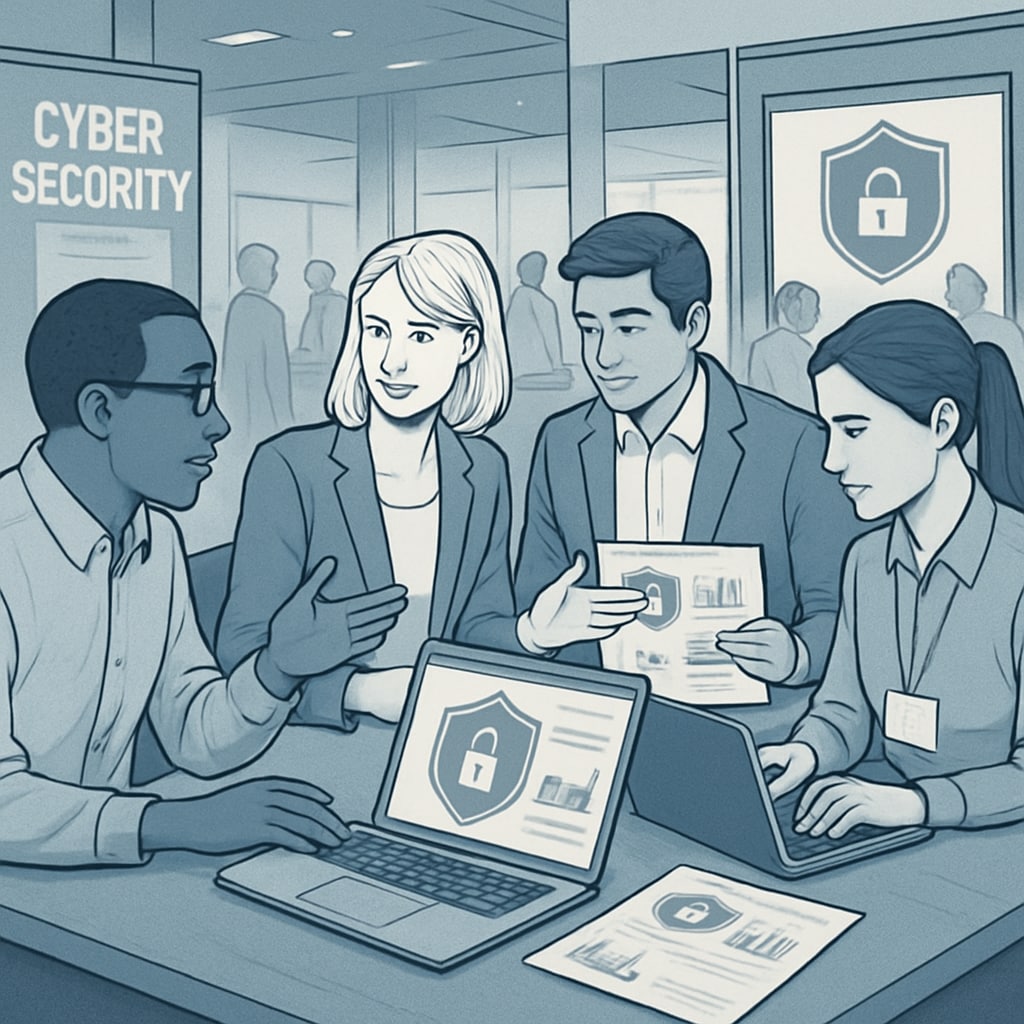 A group of cybersecurity professionals collaborating at an industry conference. Cybersecurity professionals networking and discussing industry developments.