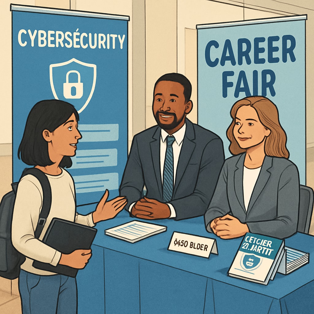 A university student attending a cybersecurity career fair, speaking with potential employers and exploring job opportunities. University student discussing cybersecurity job prospects at a career fair.