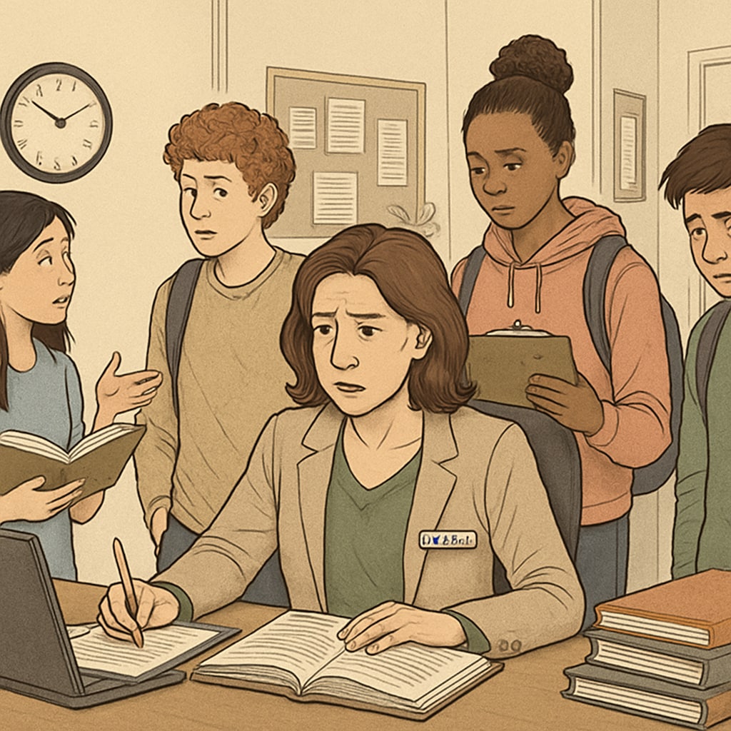 A busy school counselor working with students in an office setting, illustrating the challenges of time constraints and workload. School counselor in an office, representing challenges in accessing school counseling professionals.