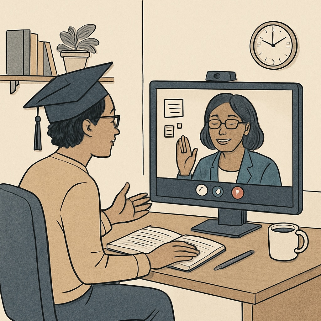 A graduate student conducting a virtual interview with a school counselor, highlighting the use of digital tools for collaboration. Graduate student interviewing a school counselor online, showcasing collaboration in research.