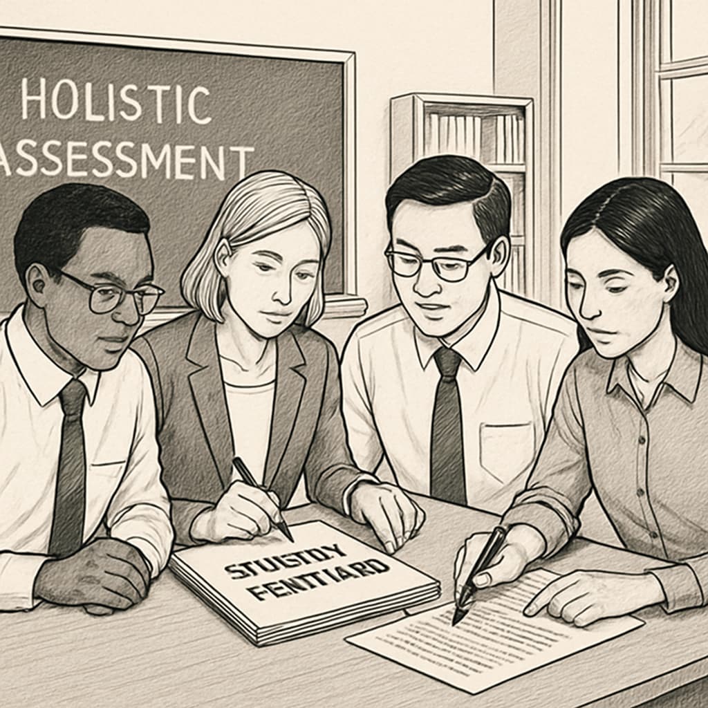 Teachers reviewing a student portfolio collaboratively to highlight holistic assessment techniques. Teachers assessing a portfolio to illustrate multi-faceted evaluation methods.