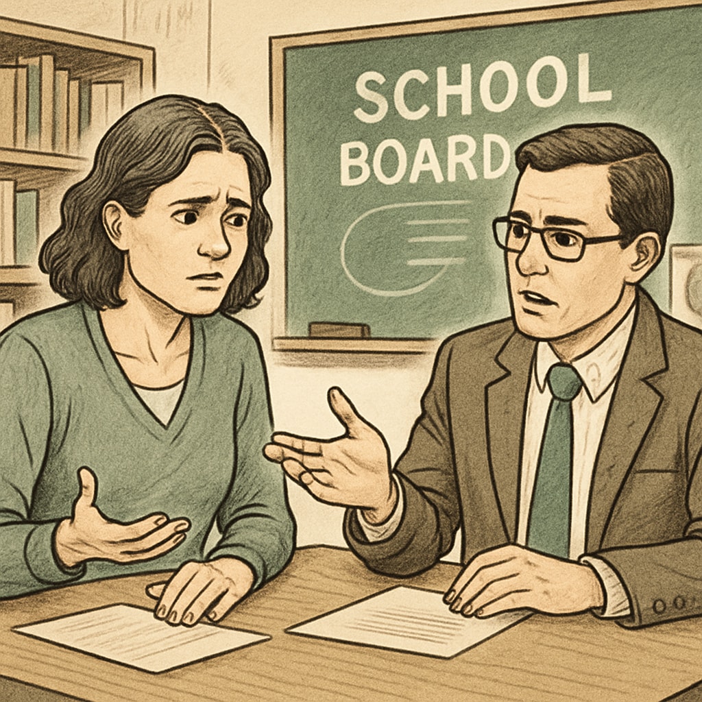 A concerned parent and teacher discussing strategies to address ethical concerns in a school board. Parents and teachers discussing child safety in relation to school board ethics.