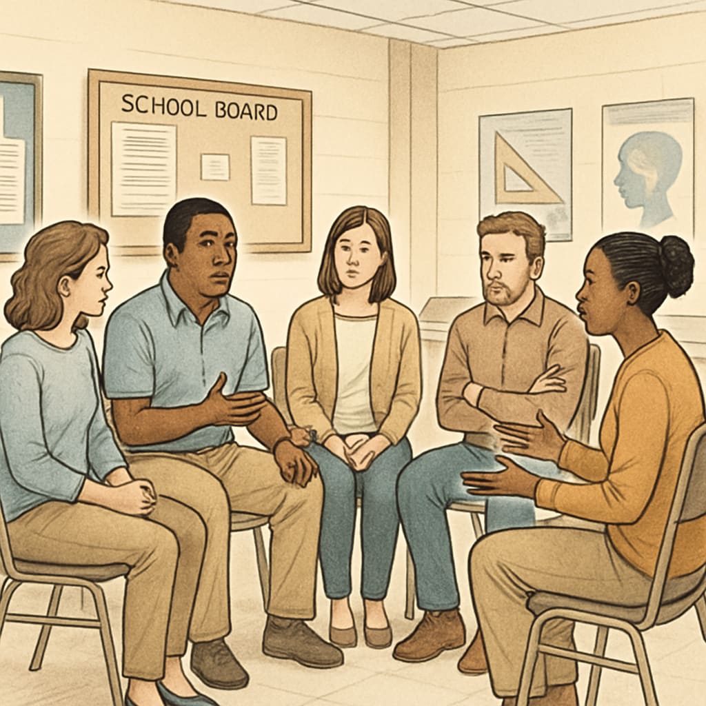 A concerned group of parents discussing school board policies in a community hall. Parents discussing school board policies in a community meeting.