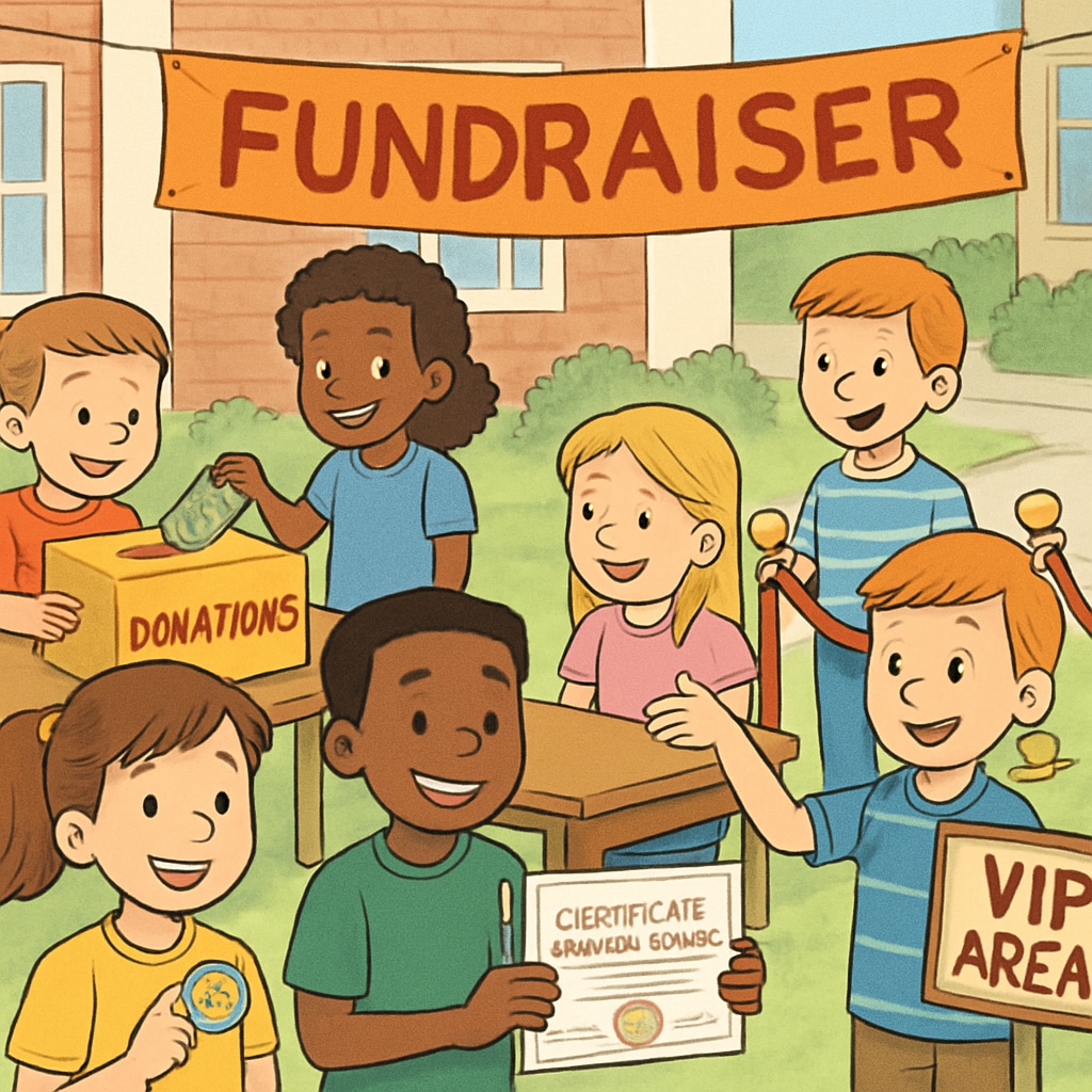Children participating in a school fundraising event, with visible disparities in rewards or privileges based on donation tiers. School fundraising event showing economic disparities among participants.