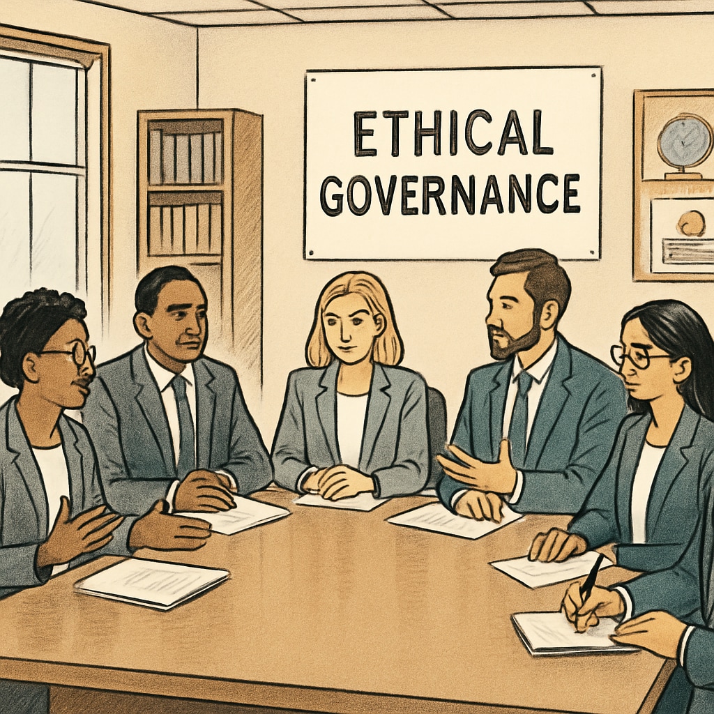 A school board meeting in progress, focusing on ethical governance. A school board discussing ethical governance and child safety.