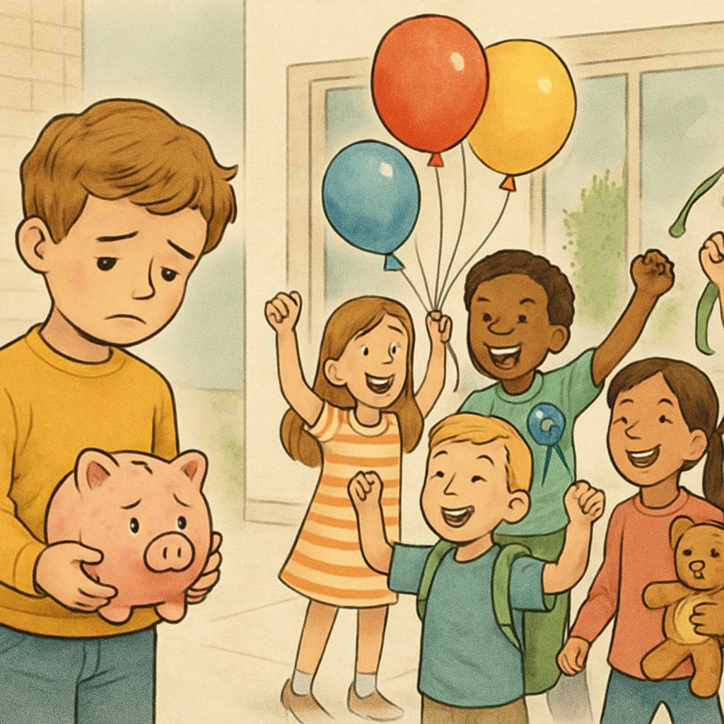 A child holding an empty piggy bank while other children celebrate fundraising rewards, symbolizing economic inequality. Child with empty piggy bank next to peers enjoying fundraising rewards.