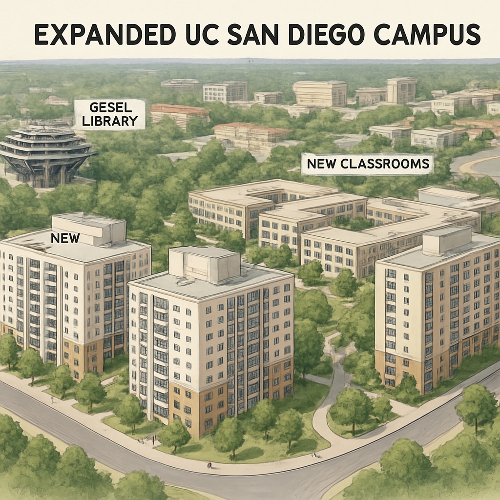 A conceptual rendering of UC San Diego's expanded campus, showcasing new residential buildings and classrooms. UC San Diego campus expansion rendering displaying new student housing and academic facilities.
