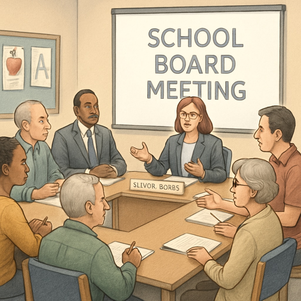 A school board meeting in session, with community members in attendance. A school board meeting with community members present.