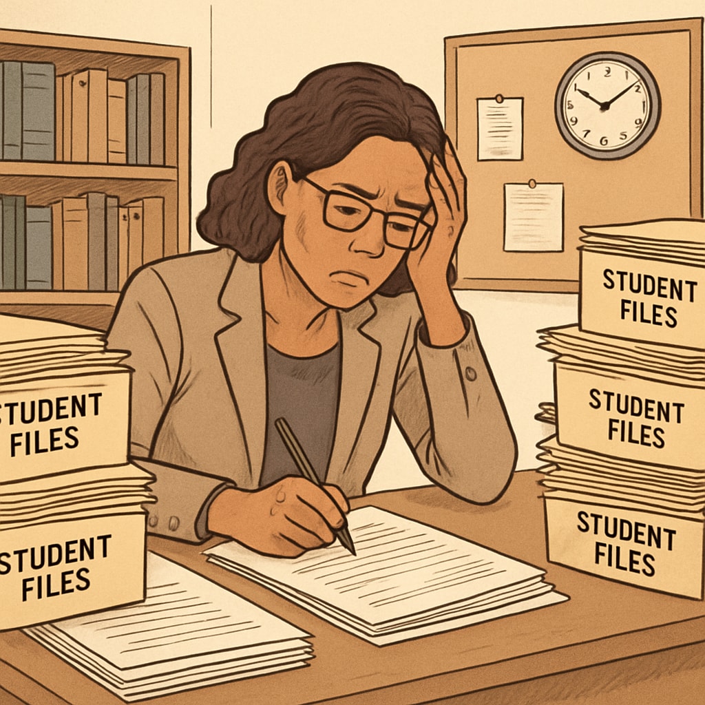 A busy school counselor surrounded by student files in an office setting, visually representing their high workload and time constraints. School counselor managing student files, highlighting their heavy workload.
