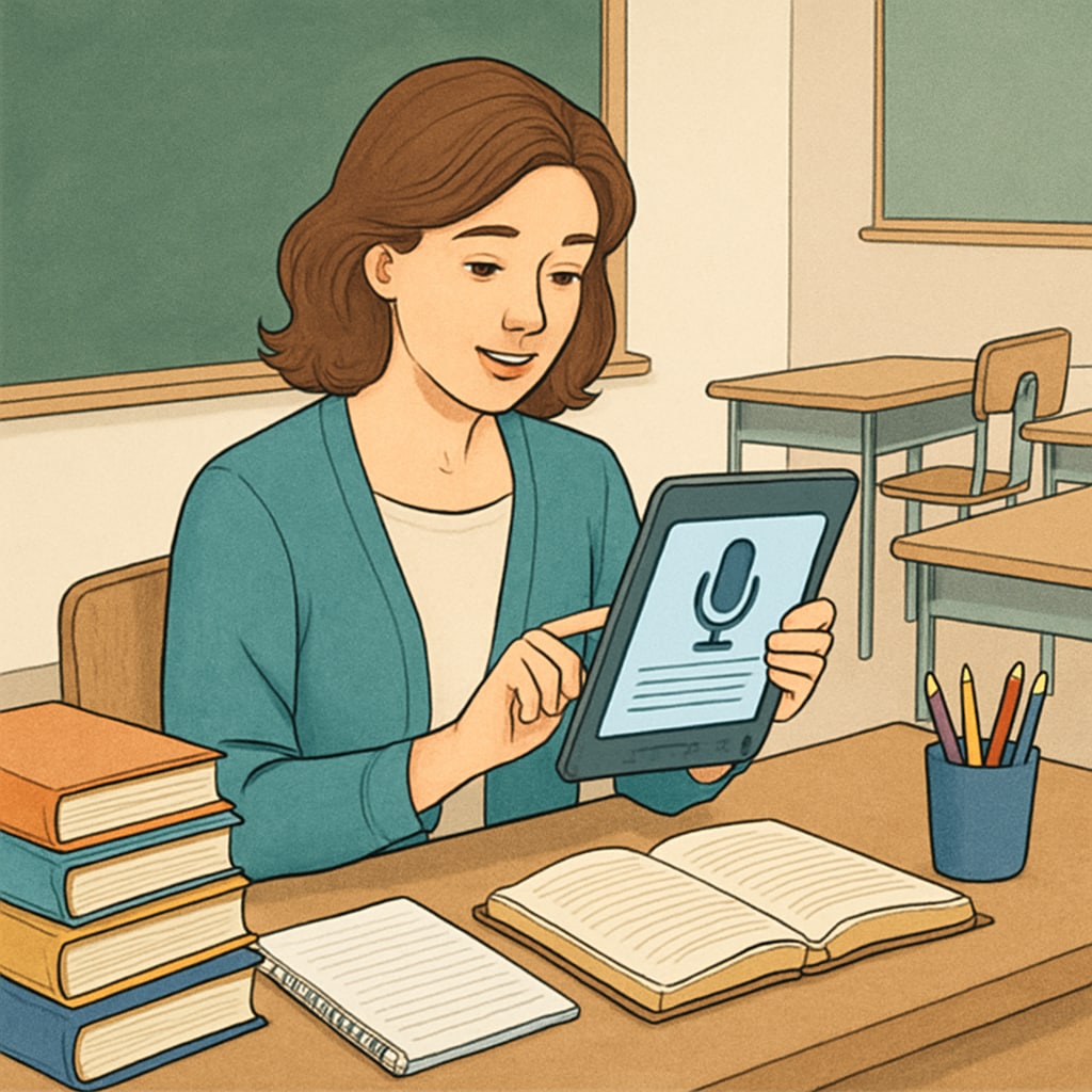 Teacher dictating feedback using a voice-to-text tool for better workflow efficiency.
