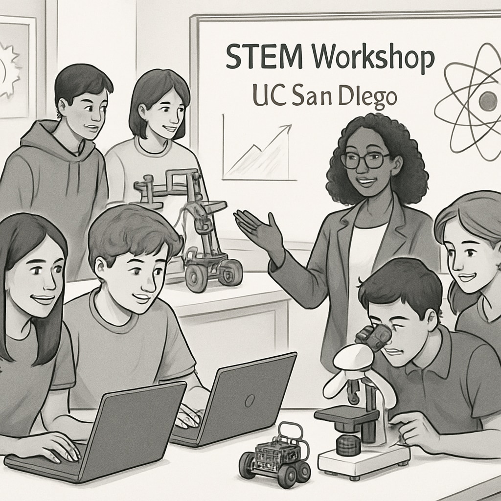 A group of high school students participating in a STEM workshop hosted by UC San Diego faculty. High school students in a STEM workshop organized by UC San Diego, emphasizing college readiness.