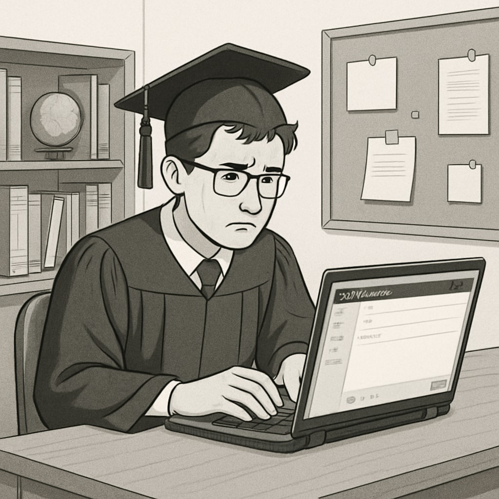 A graduate student looking frustrated while emailing potential interview subjects, symbolizing the difficulty of reaching school counselors for interviews. Graduate student struggling to connect with school counselors via email for research.