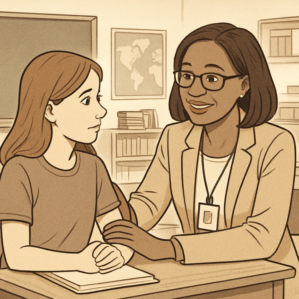 A school counselor speaking with a student in a classroom setting, emphasizing the role of counselors in K12 education. School counselor and student in a classroom setting, discussing academic and emotional support.