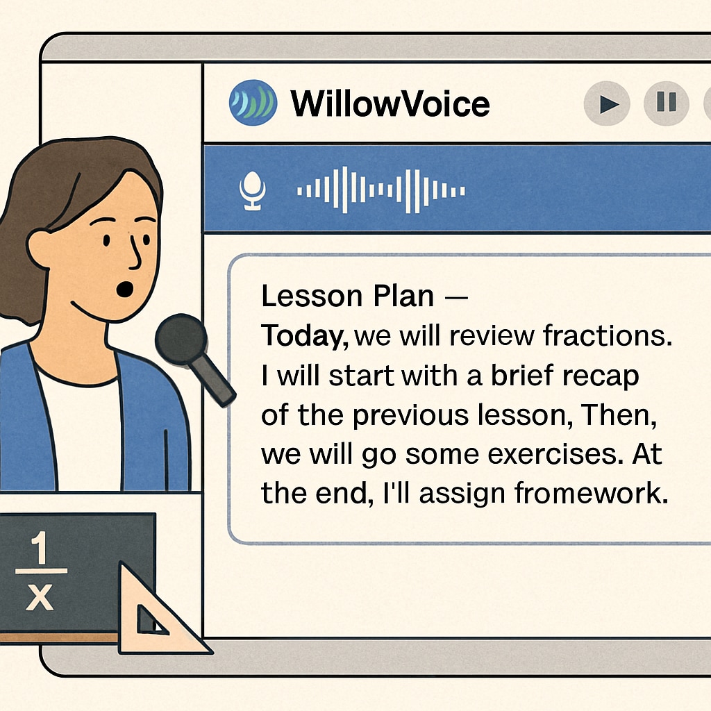 WillowVoice interface transcribing a teacher's lesson plan dictation.