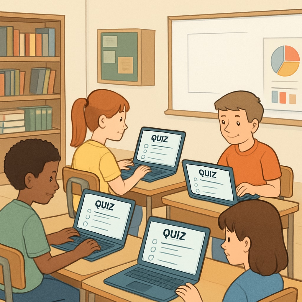 A group of students using laptops to take educational quizzes in a classroom setting. Students engaging with quiz resources in a classroom environment.