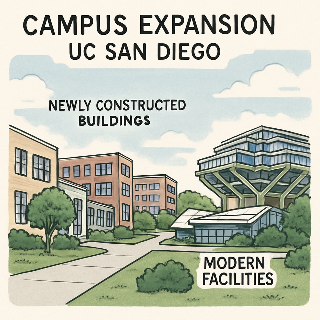 A view of UC San Diego’s campus expansion, highlighting new buildings and facilities. UC San Diego campus expansion with new buildings and facilities.
