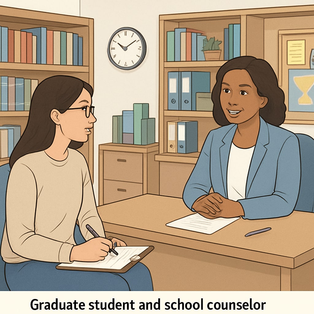 A graduate student interviewing a school counselor in an office environment, highlighting the importance of academic interviews for research. Graduate student and school counselor during an academic interview in an office.