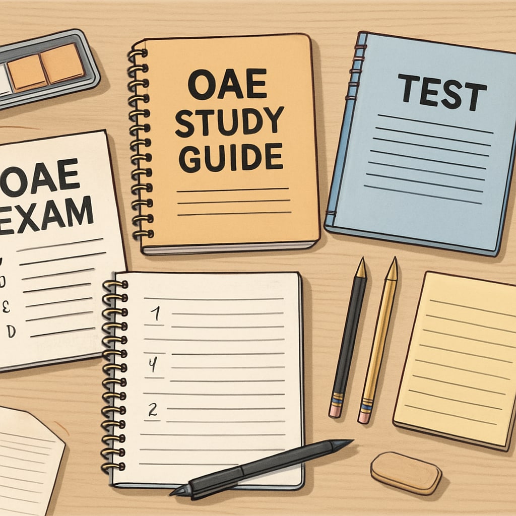 A study guide and test materials spread out on a desk, symbolizing preparation for the OAE exam. OAE exam preparation materials on a desk.