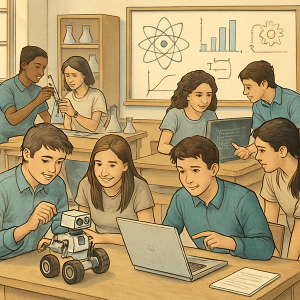 A classroom scene showing high school students engaged in STEM-related projects, preparing for college. High school students engaged in STEM projects as part of college preparation.