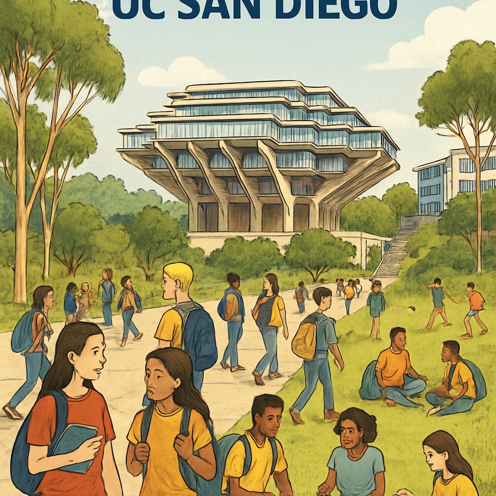 A busy UC San Diego campus with students walking and studying outdoors, symbolizing the university's growth. UC San Diego campus bustling with students, representing enrollment growth.