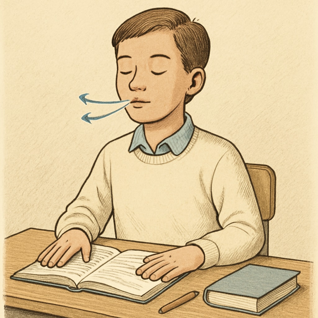 A calm student practicing breathing exercises at their desk, symbolizing anxiety management techniques. Student using breathing techniques to manage OAE test anxiety.