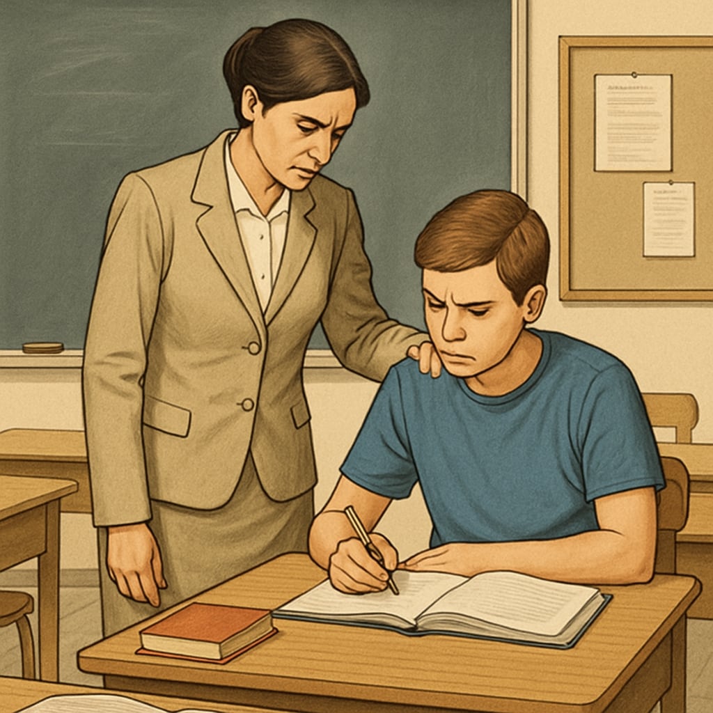 A classroom setting where a teacher is guiding a student intensely, evoking themes of discipline and support. Teacher intensely guiding student in classroom, representing education extremes.