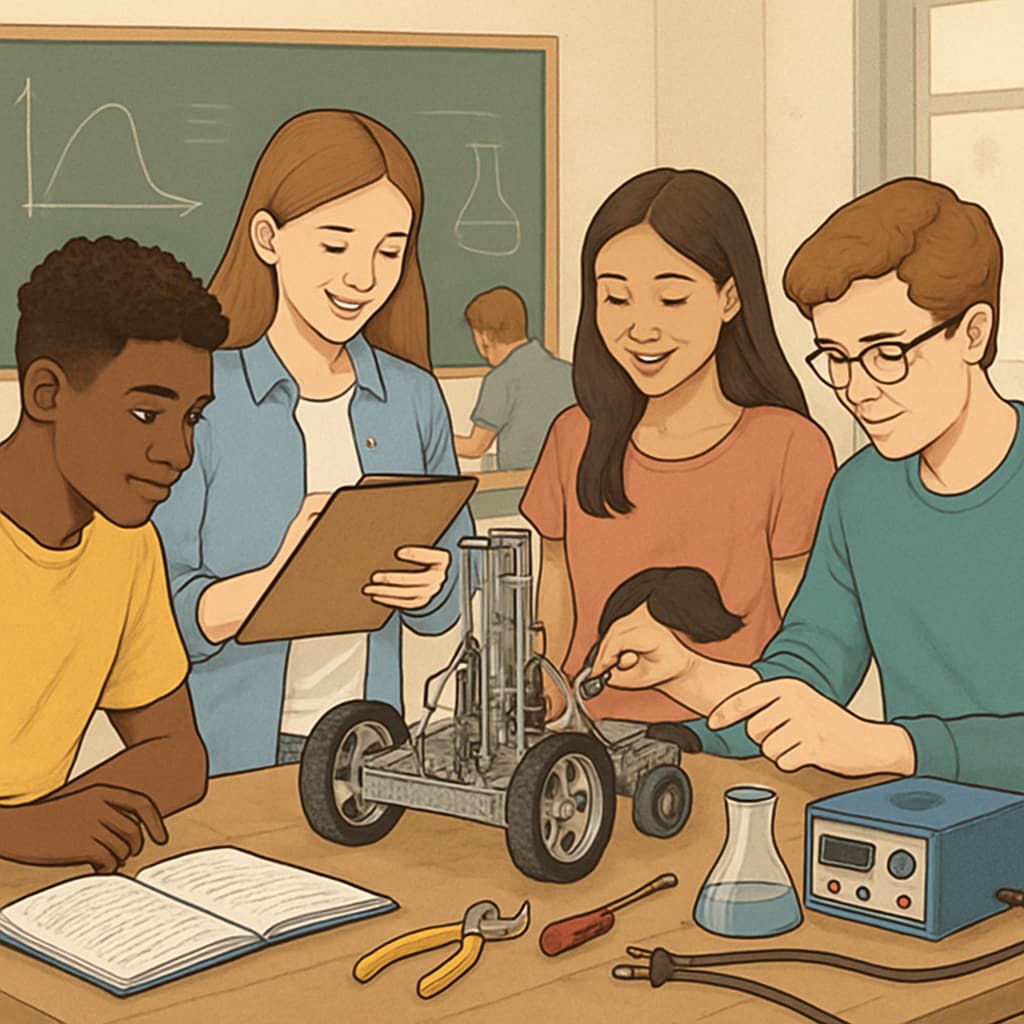 A classroom with high school students engaged in a STEM project, representing K-12 alignment with UC San Diego’s goals. High school students collaborating on a STEM project, highlighting college readiness.
