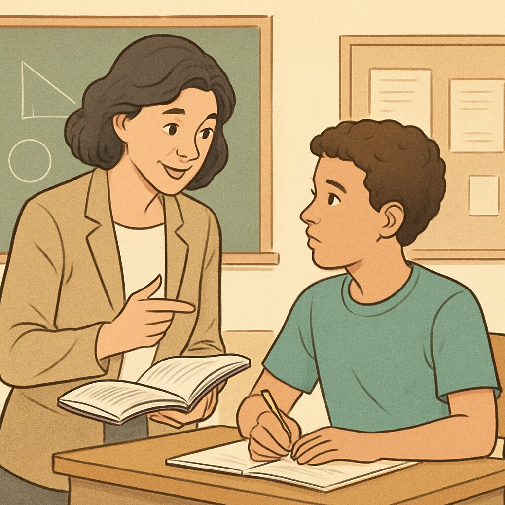 A teacher offering a student constructive feedback in a calm and supportive manner. Teacher providing constructive feedback to student, balancing strictness and care.