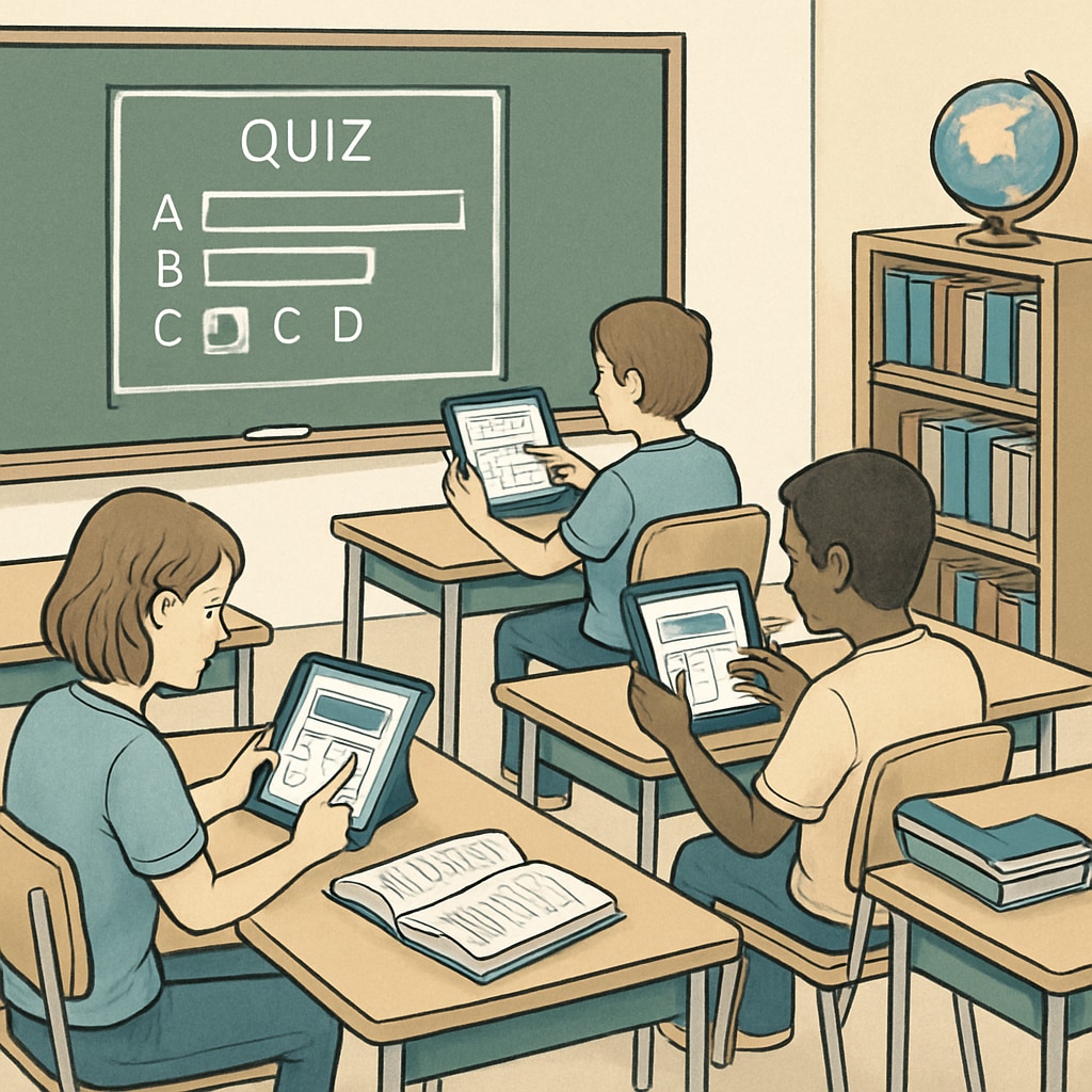 Students using tablets to complete interactive quizzes in a modern classroom. Students engaging with interactive assessment tools in a technology-enabled classroom.