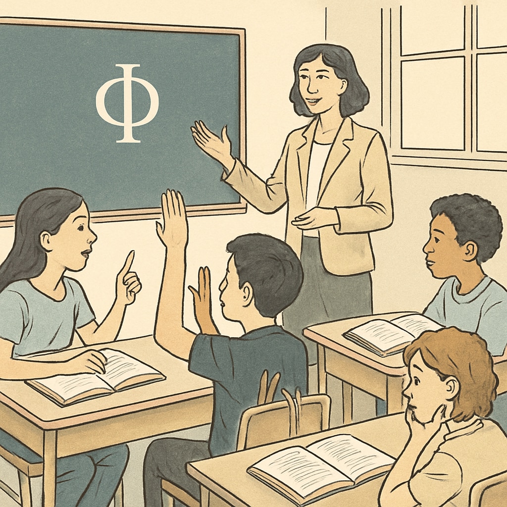 A classroom of young students engaging in a philosophy discussion, with open books and a teacher guiding them. Children discussing philosophy with open books in a classroom setting.