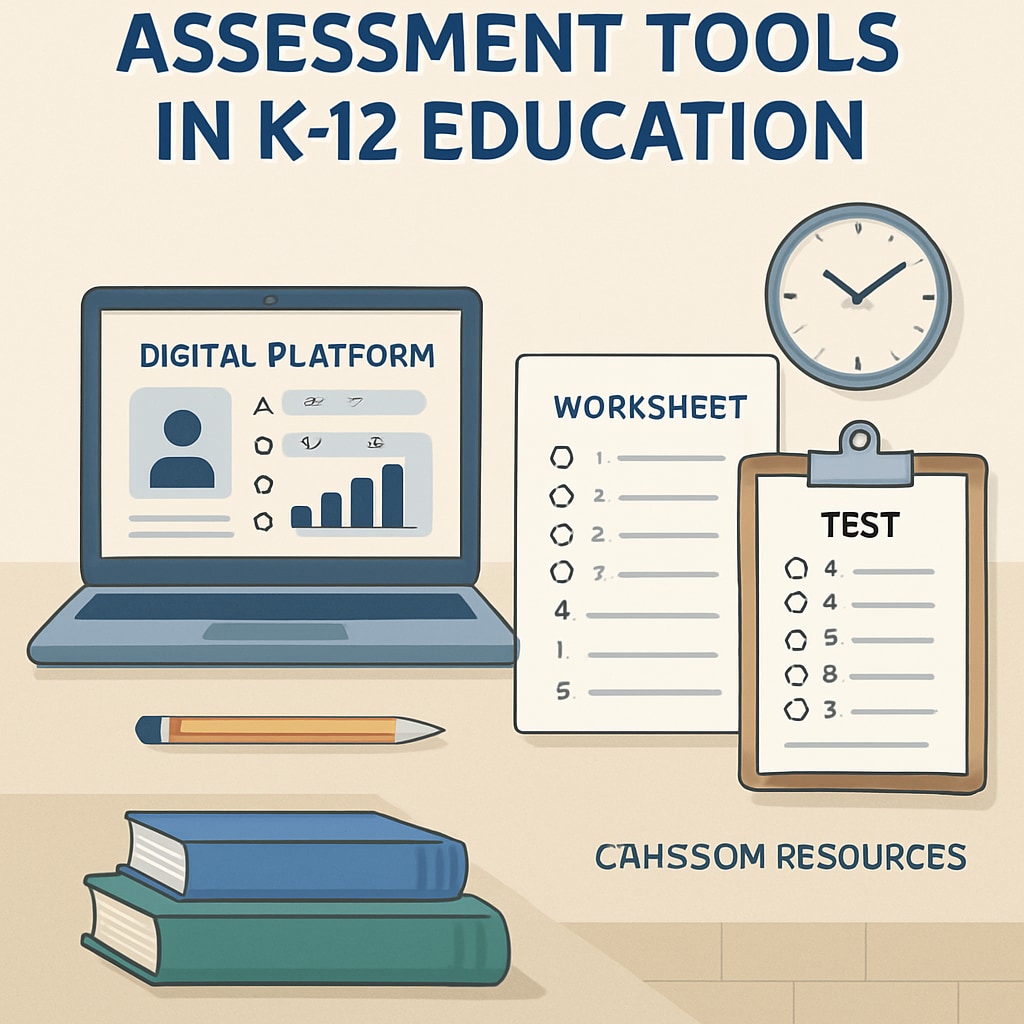 A visual representation of assessment tools used in K12 education, such as digital platforms or worksheets. The image should depict tools that could be used by students in a classroom setting. Assessment tools for K12 students, including worksheets and digital platforms
