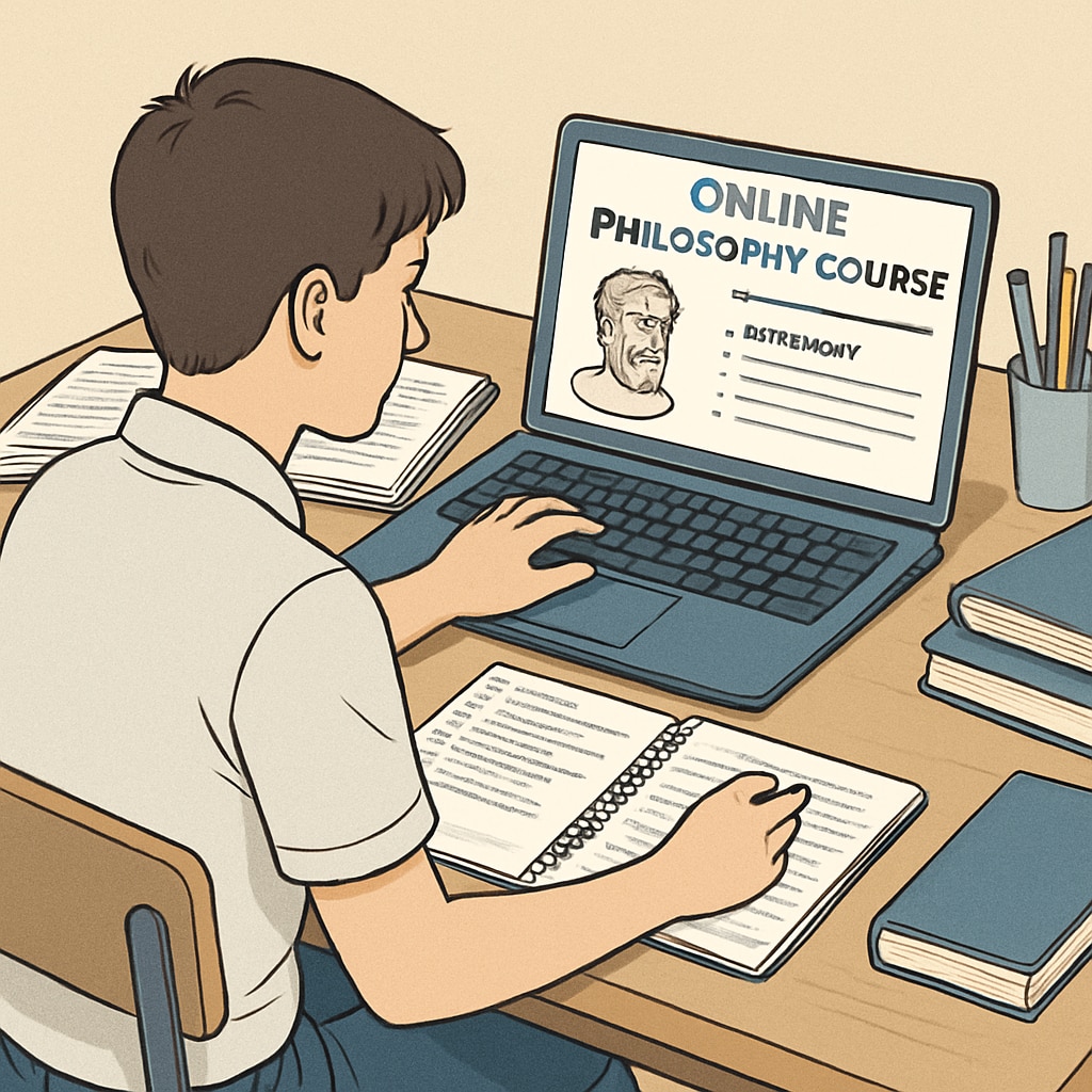 A high school student browsing through an online philosophy course, with notes and a laptop on a desk. High school student learning philosophy online with a laptop and notes.