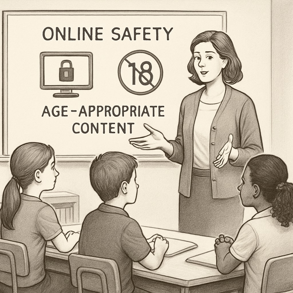An educator discussing online safety with students in a classroom setting, emphasizing the importance of age-appropriate content access. Teacher explaining age verification and online safety to K12 students in a classroom.