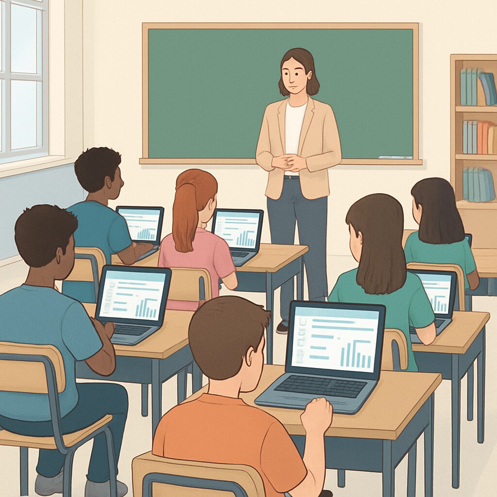 A classroom environment where students are engaged in digital assessments with laptops. The image should show students actively participating in a structured assessment activity. Students using digital assessment tools in a K12 classroom setting
