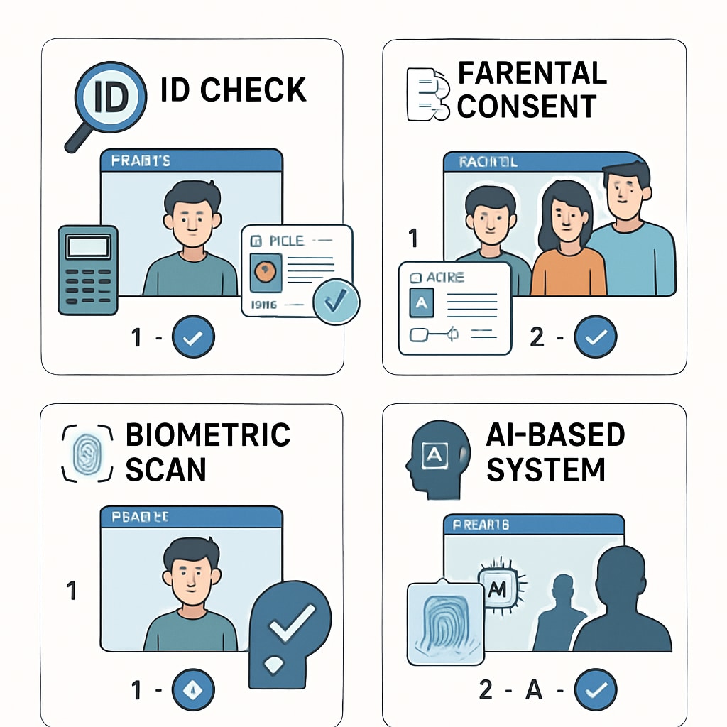 An infographic showcasing various age verification mechanisms and their role in enhancing digital safety for minors. Age verification infographic with visual elements explaining compliance and online safety benefits.