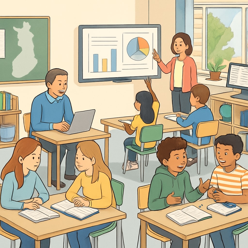 A classroom in Finland showcasing a collaborative and supportive learning environment, contrasting with the high-pressure methods depicted in Finland classroom emphasizing collaboration and supportive teaching methods.