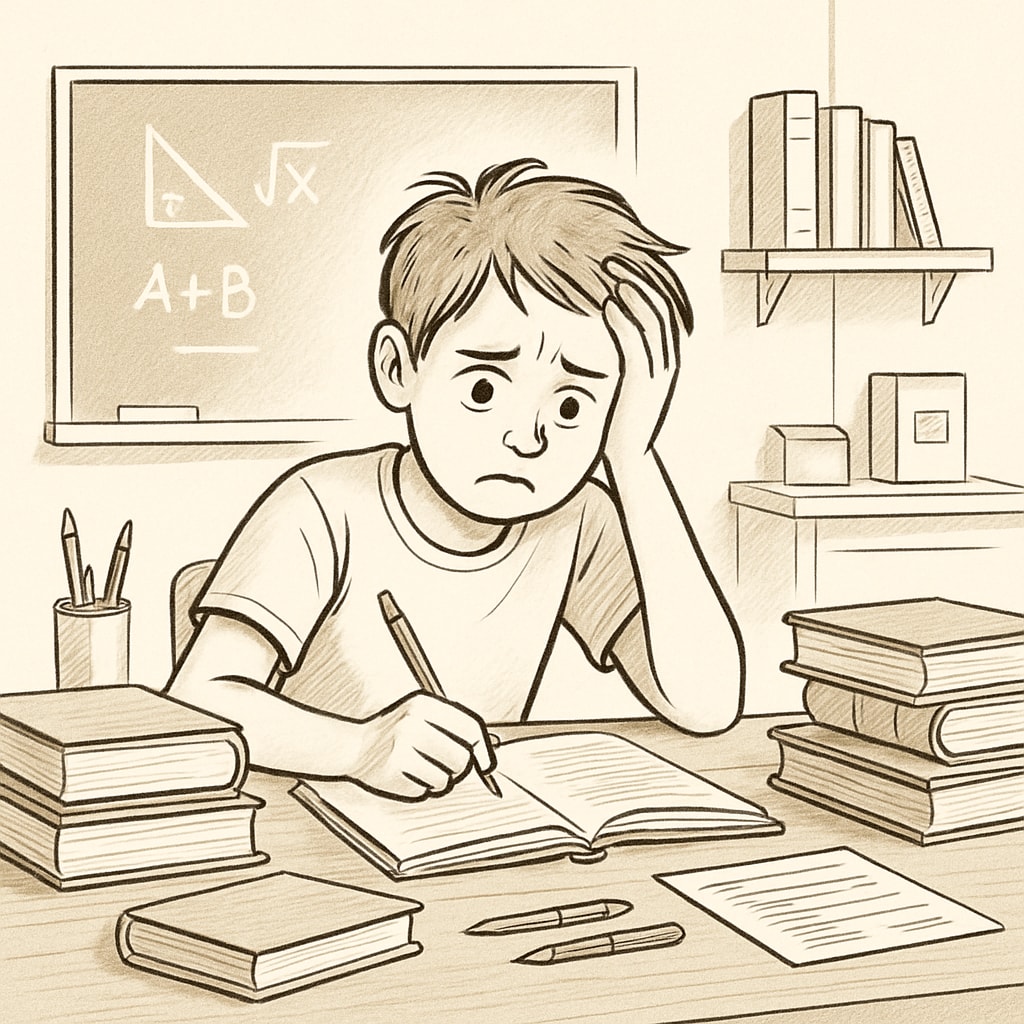 A young student sitting at a desk, surrounded by books, with a stressed expression, representing the pressure of academic achievement. A student experiencing academic pressure, illustrating the challenges of strict education methods.