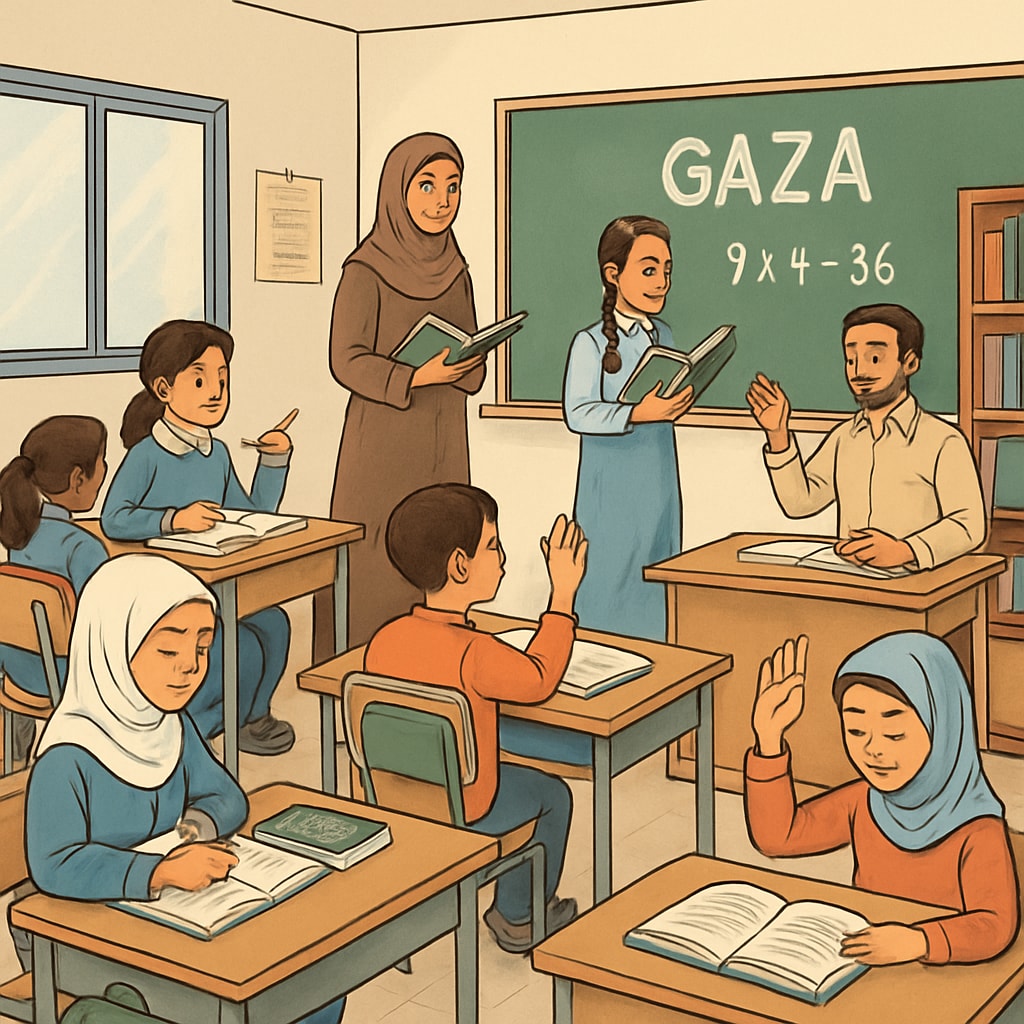 A classroom in Gaza with students and teachers engaging in learning activities. Students and teachers in a classroom in Gaza discussing science and social studies topics.