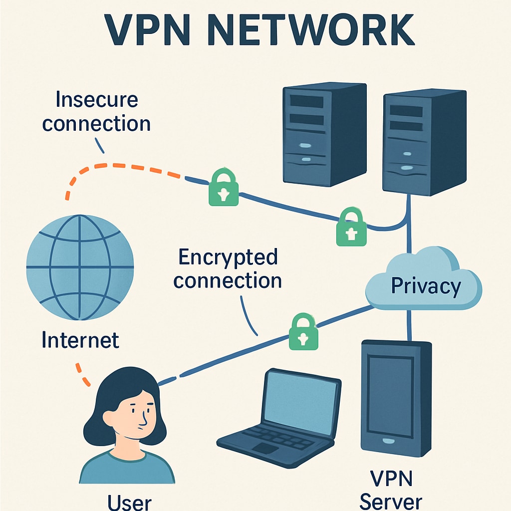 A graphic representation of a VPN network, illustrating secure connections and privacy benefits. VPN network graphic highlighting privacy and secure connections.