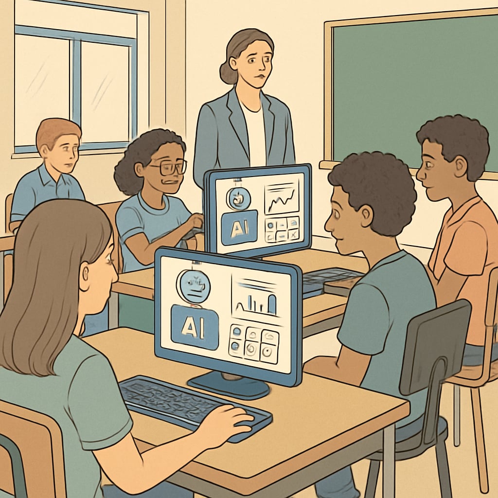 Students engaging with AI-based simulation tools for dynamic assessments in a K12 classroom setting. AI-based simulation tools for innovative K12 assessments