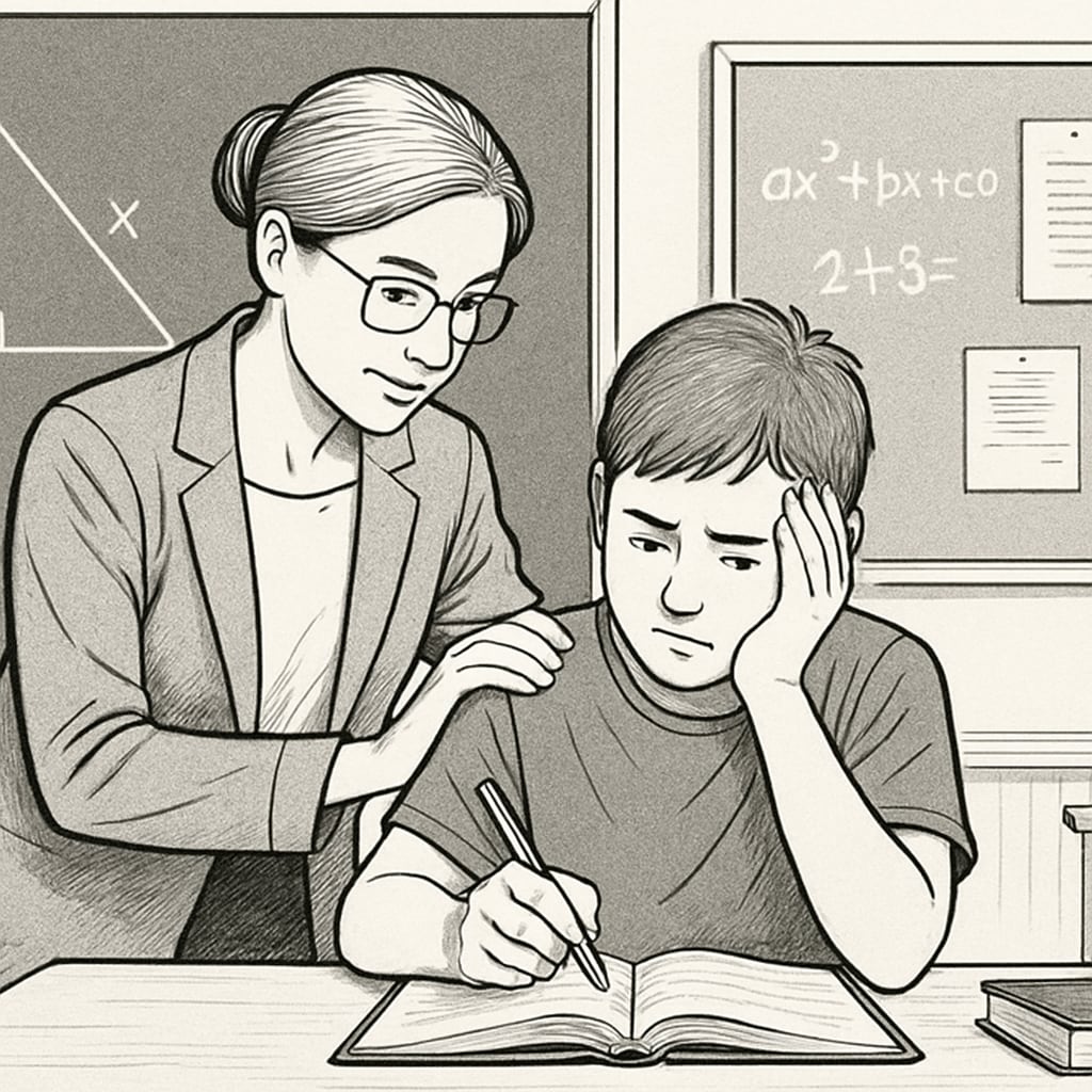 A teacher offering encouragement to a student during a challenging task, symbolizing the balance between discipline and care in education. A teacher supporting a student, highlighting the balance between strict methods and care.
