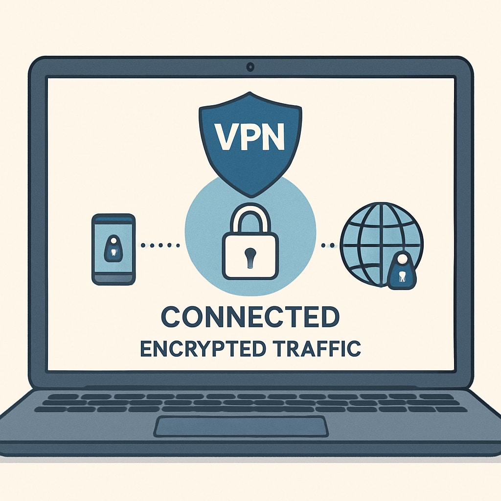 A laptop screen displaying a VPN connection interface with encrypted traffic icons. VPN connection interface showing encrypted traffic on a laptop screen.
