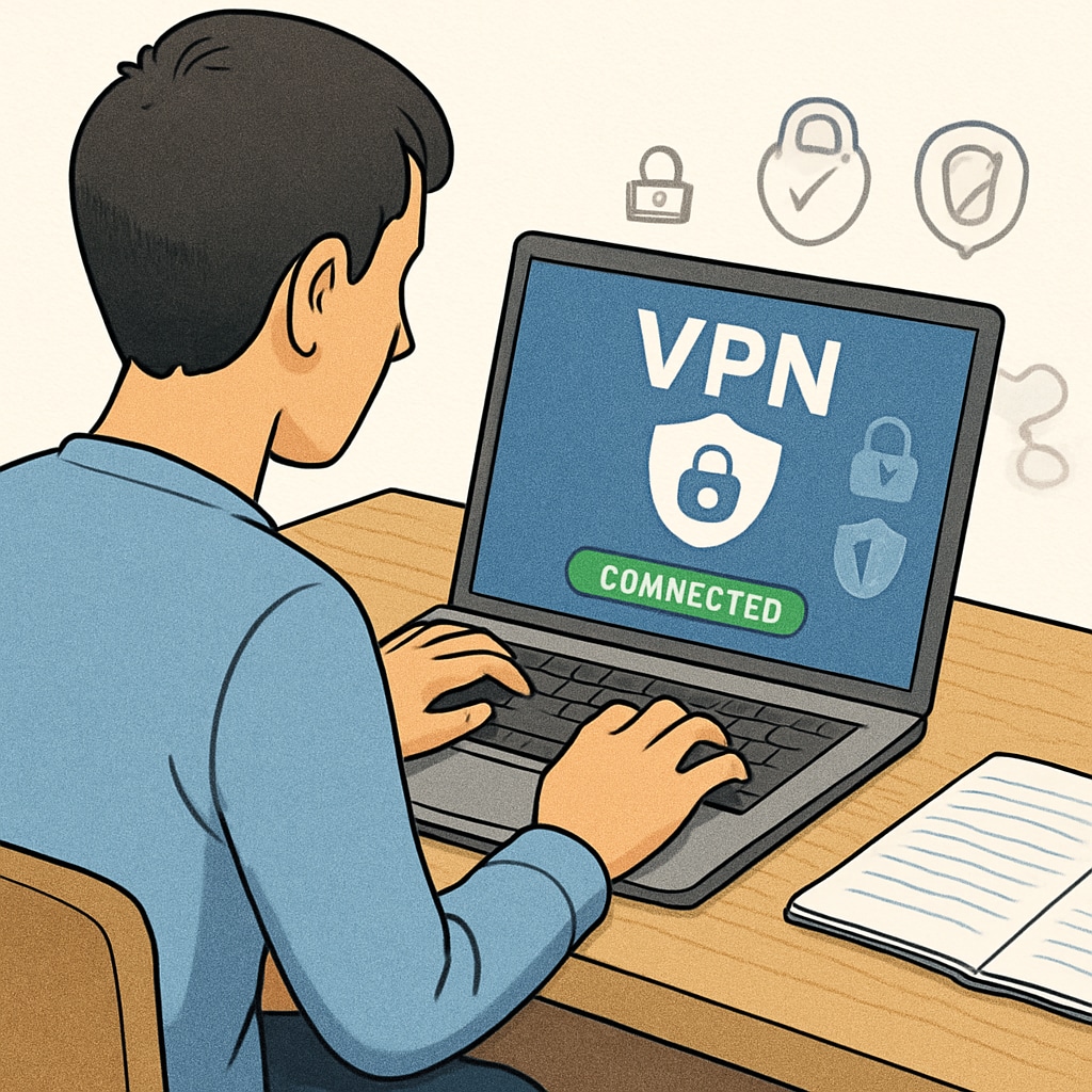 A person using a laptop with a VPN interface displayed, symbolizing online privacy concerns. Person using VPN to bypass age verification law in the UK