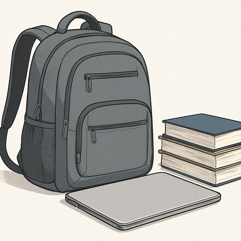 A modern college backpack made of durable material, placed next to a laptop and textbooks. Durable college backpack ideal for students.