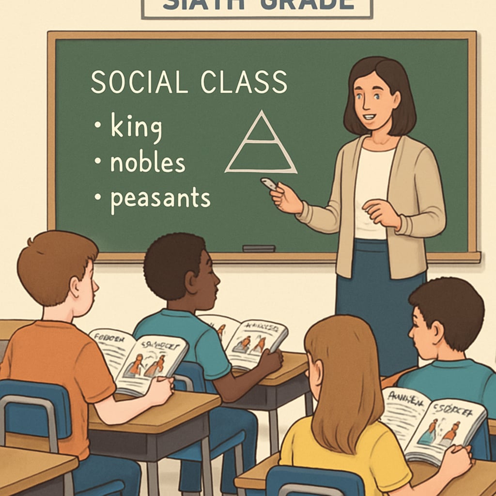 A classroom setting with sixth-grade students studying history textbooks about social class systems. Classroom with students examining social class systems in history textbooks.