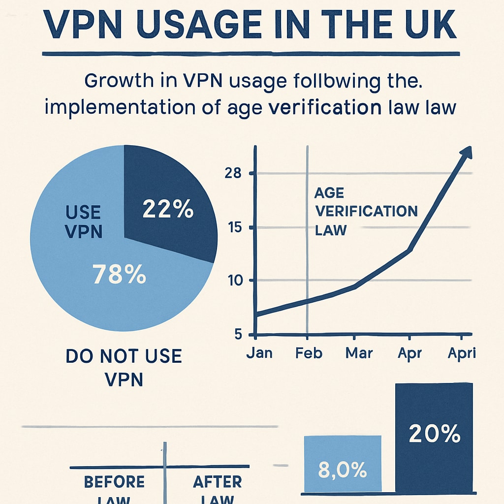 A graphic showing VPN usage statistics in the UK, highlighting a growth trend after the age verification law implementation. VPN usage statistics in the UK after age verification law