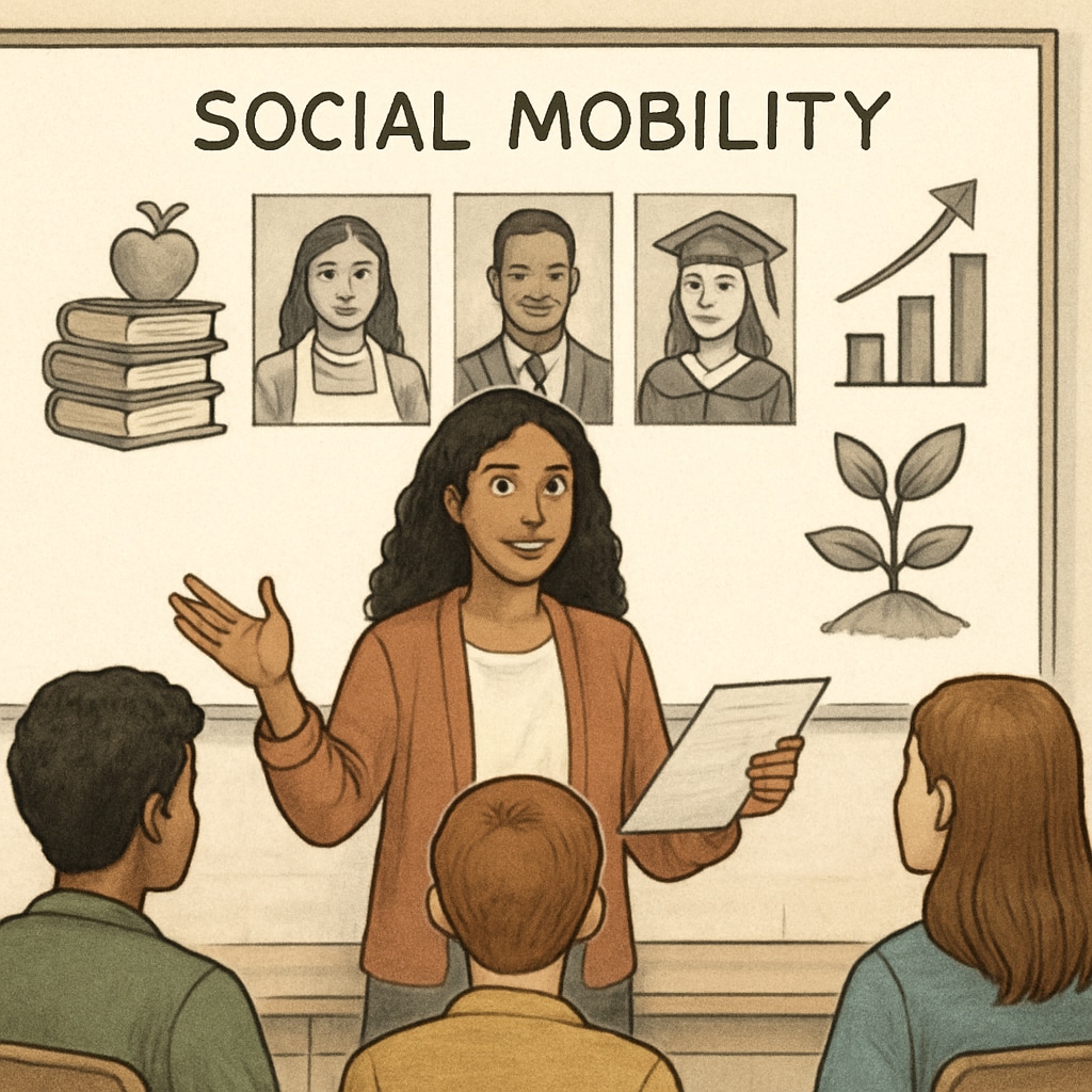 An educator discussing social mobility with students, using examples of successful individuals from different socioeconomic backgrounds. Teacher explaining social mobility with real-life success stories to students.