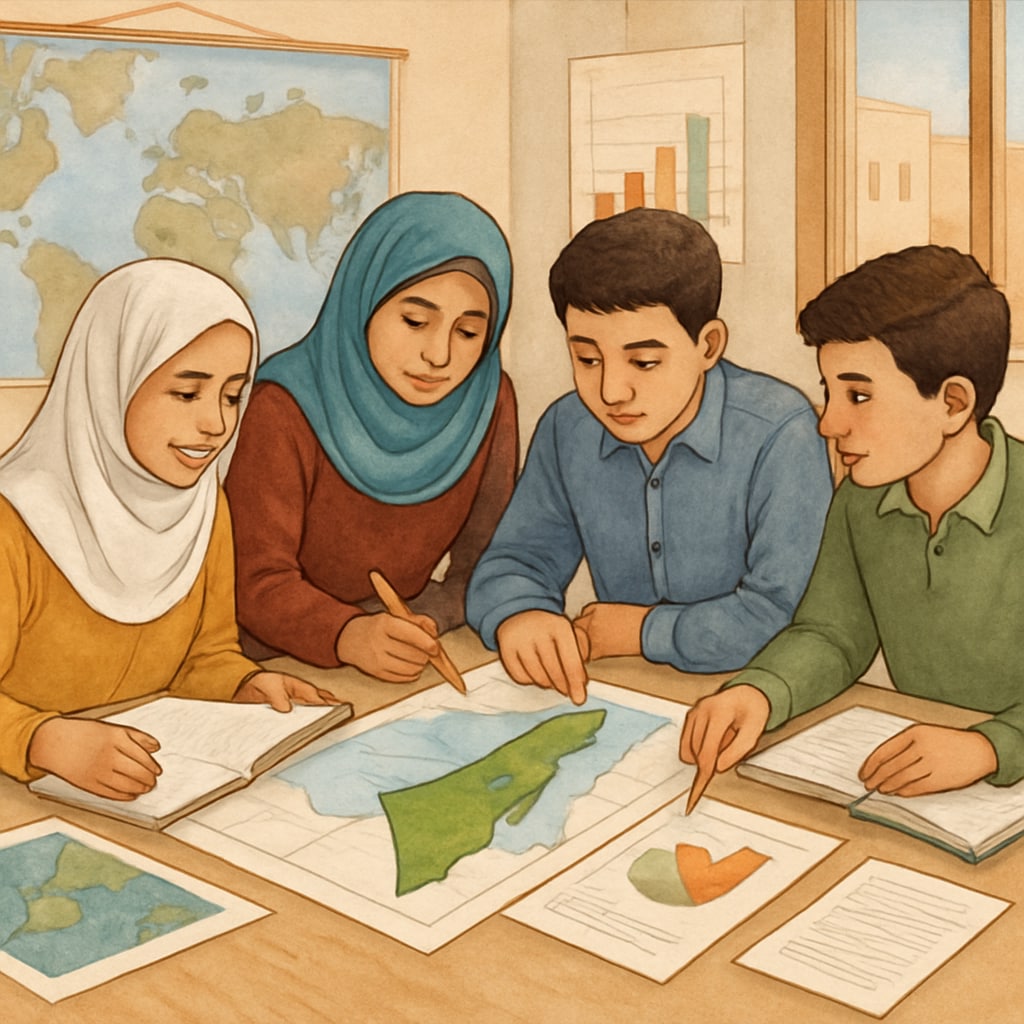 Gaza students collaborating on a social studies project to address local environmental issues.